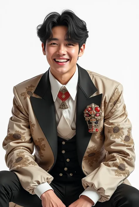 Realistic portrait of a 20-year-old Korean man wearing a stylish K-pop costume, sitting and facing forward, shown from the waist up. The man is laughing joyfully, with a clean white background. The image should have highly detailed textures, natural lighti...