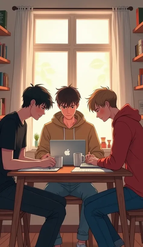 simple drawing of 3 students men studying at dorm