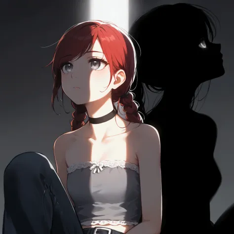 tired young woman looking up at beam of light, from side,  close up, black aura, gray eyes, dark red hair, swept bangs, low twin tails, swept bangs, gray eyes, small breasts, toned arms, strapless gray shirt with white trim, black jeans, darkness, shadowy ...