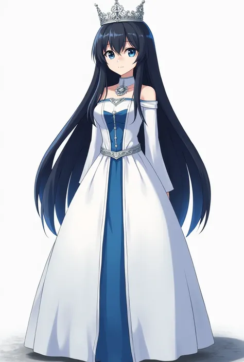 A princess with long black hair with dark blue tips and blue eyes a long and wide white dress with blue in the middle anime version that looks serious and friendly with a silver crown and a silver coyar that looks serious like tertinn from Scisor Seven 