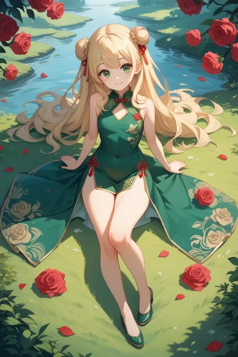 cute wavy-long-blonde-hair light-green eye adult girl in green Open-chested cheongsam with rose-and-leaves-hair-pins anime style full-body