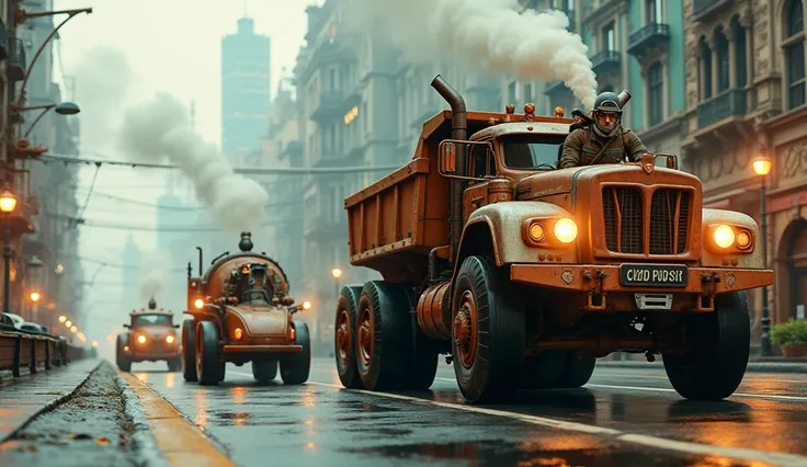 Realistic, theme is "steampunk", three-dimensional city where everything is powered by steam, a man wearing retro work clothes, goggles and a helmet is riding in a large dump truck powered by steam, a two-seater vehicle with a stylish design, detailed side...