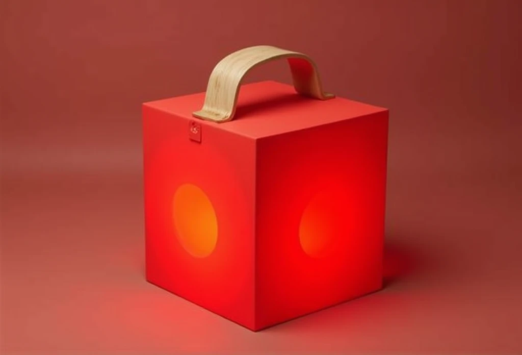 创作现代正方形的灯笼，Create a modern square lantern for the Mid-Autumn Festival ，Color Red，Wooden handle 