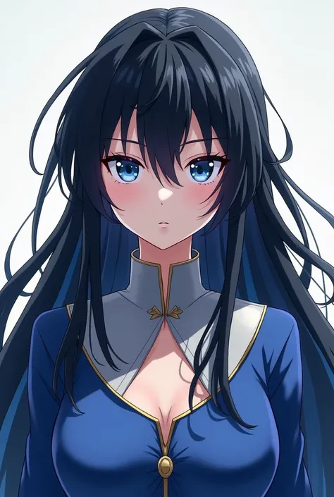 A princess with long black hair with dark blue tips and blue eyes a long wide blue dress in the middle anime version that looks serious and friendly with a silver coyar that looks serious like tertinn from Scisor Seven 