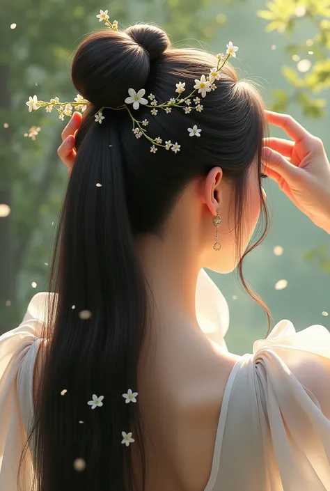  The girl first ties her long hair into a high ponytail ，Then lift the ponytail ，. 。 and fix it with fish bones or ivory around the bun ， and wear several layers of flower strings