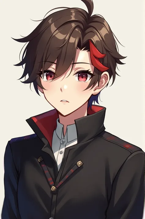 make me a photo of an anime boy with brown hair, there is a little red on the front of his hair and he is wearing a black jacket