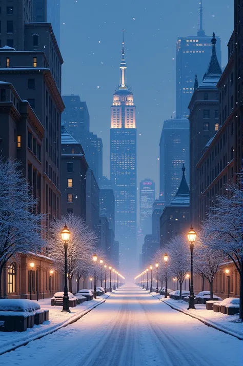 snowy city night