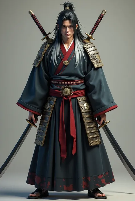 3D Art Semi Realistic Long Haired Man Black White Hair Color Wearing Samurai Dress. Membawa dua pedang panjang