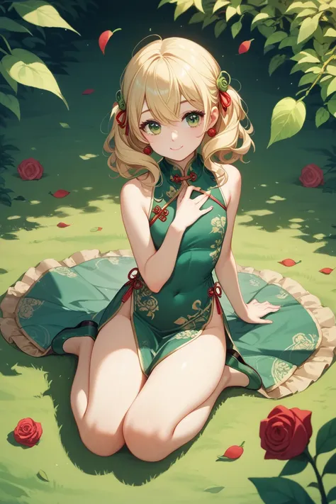 cute wavy-long-blonde-hair light-green eye adult girl in green Open-chested cheongsam with rose-and-leaves-hair-pins anime style full-body