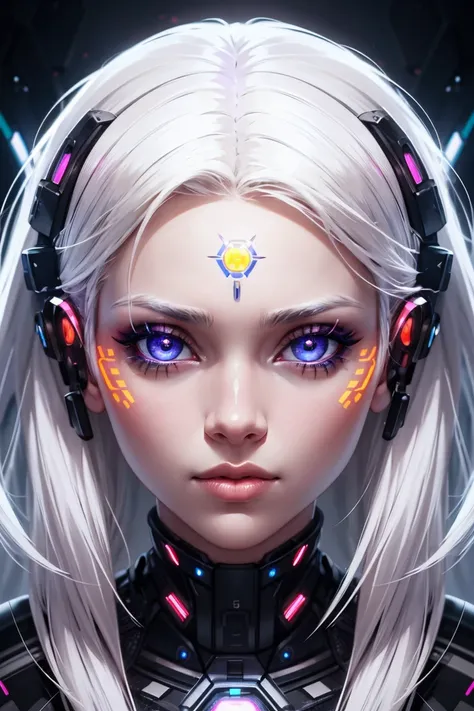 A portrait of a beautiful cyborg girl with kaleidoscopic eyes, full lips and glowing white hair, photorealistic, hyper detailed, ultra high resolution