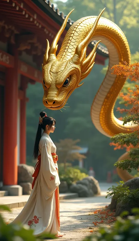 A snake with a golden body、 and is confronted by a real beautiful shrine maiden、The background is a shrine、The shrine maiden looks at the camera、 Zoom Up 