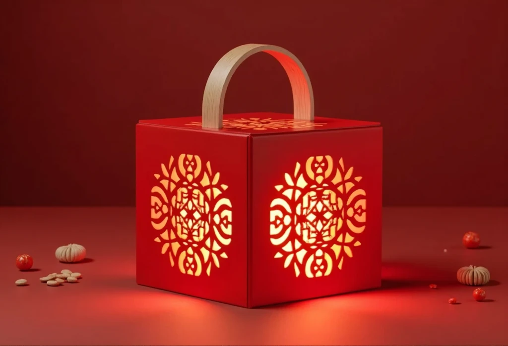  modern square lantern made into a mooncake box，Wooden handle ， red