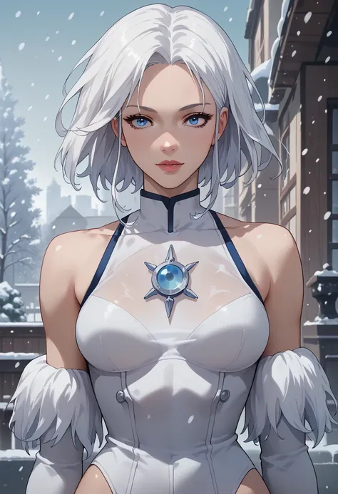 woman, white hair, blue eyes, white skin, anime style, blue and white outfit, bare shoulders, snowing