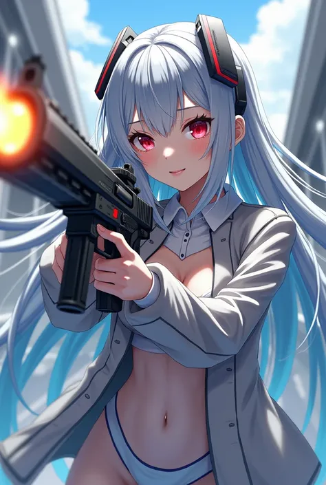 Best Quality,Highest quality,１Goddess  , Japanese idol face , long lashes, large machine gun shooting ,smile,Real 1.8,Silver Hair, holding weapons the same size as her height {x} gradation of light blue hair over the tips of her hair,( very long hair),( Ha...