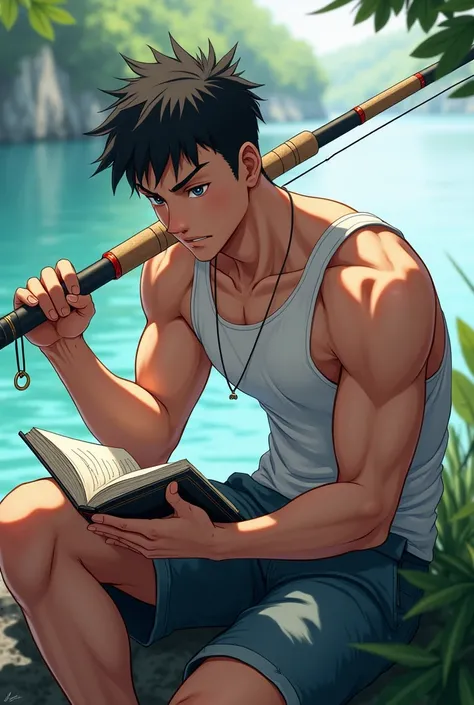 Anime male with good body sitting reading book while on his shoulder with fishing rod right photo 