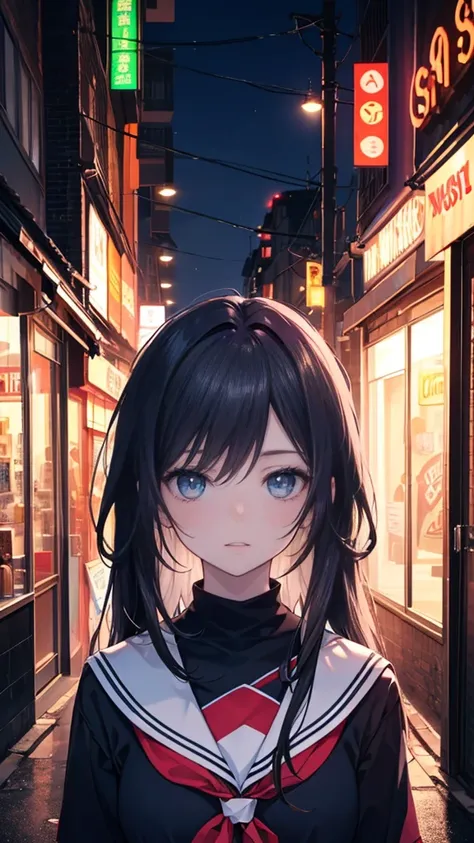 An anime-style scene set in a vibrant nighttime cityscape, viewed from above. Two high school girls are present, wearing cute and stylish school uniforms. One has long, flowing white hair, styled elegantly, while the other has sleek, long black hair. The g...