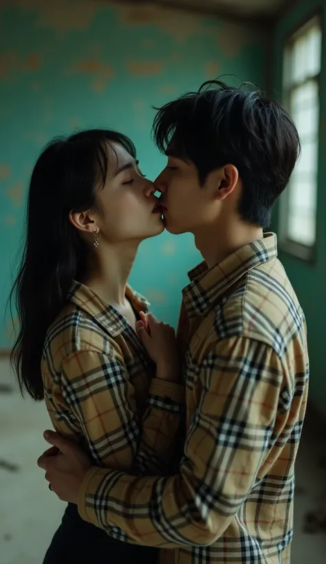 Romantic couple, an chinese woman, furrowed eyebrows, closing eyes, open mouth, face facing upwards, in (Burberry Check) shirt. behind her there is a young korean man push waist. wet hair. in abandoned building. cry. slightly chubby