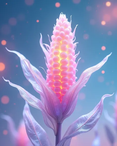 A whimsical piece of art featuring a crystal clear corn. A corn with the appearance of a jewel-like crystal, each kernel radiating an iridescent sheen in gradations of pink, purple, blue and yellow. The leaves of the corn look like transparent pieces of gl...