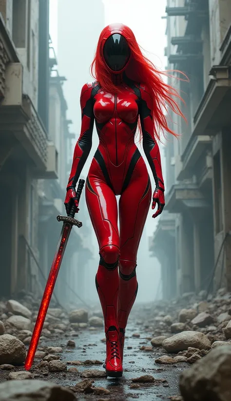  cyberpunk,  a beautiful girl badas , long haired red ,  wears an open futurist helmet ,  clad in a thin red mecha that fits his body shape , holding a katana in hand ,  walks among the ruins of a building against an iconic backdrop