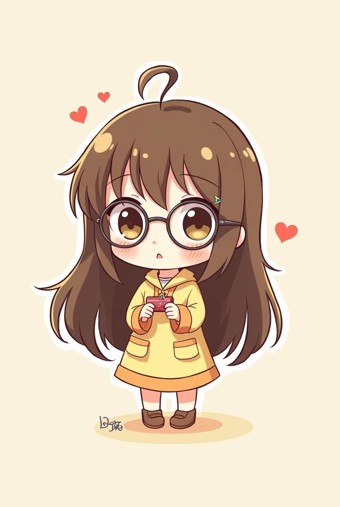 chibi cute girl wear glasses with long hair and brow eyes and holding a pencil