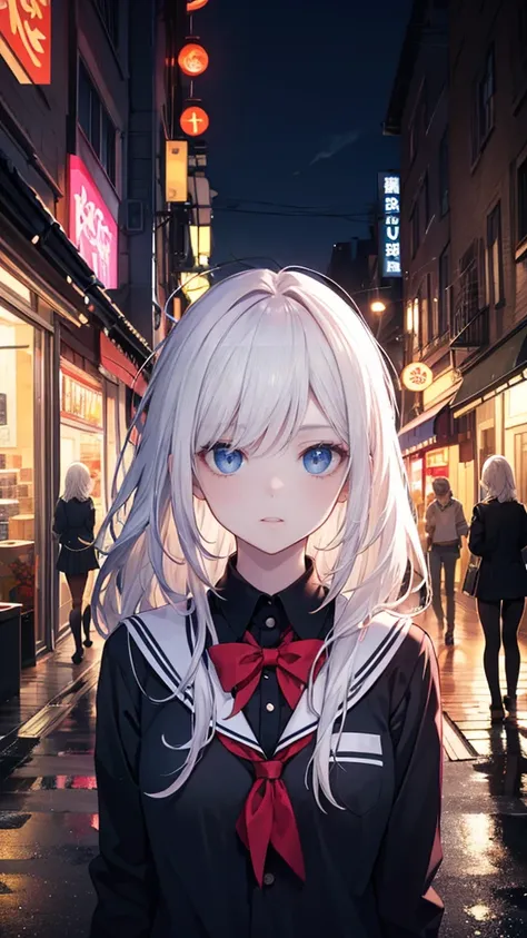 An anime-style scene set in a vibrant nighttime cityscape, viewed from above. Two high school girls are present, wearing cute and stylish school uniforms. One has long, flowing white hair, styled elegantly, while the other has sleek, long black hair. The g...