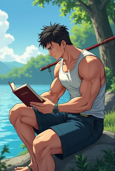 Anime male with good body sitting reading book while on his shoulder with fishing rod left photo 