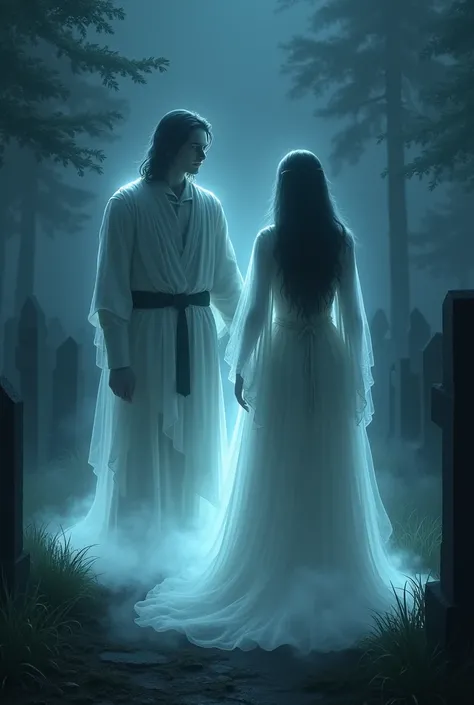 I need to be able to recognize the ghosts of two deceased people ,  a male and a female .  They are in a cemetery at night and consist not of meat but of a foggy, somewhat transparent energy, Which runs downwards .  The faces are easy to recognize just as ...