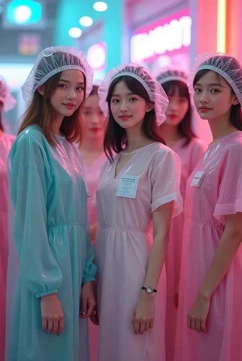 female medical roleplay party, girls wearing long pediatric patient (round neck) gowns and pvc gowns with standard patient gown patterns (french teenager girls) and plastic shower caps