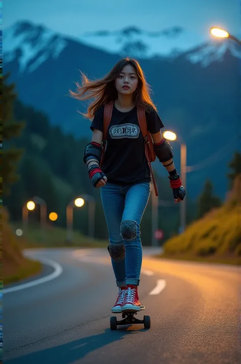 rompts
Copy
a besutiful korean young woman long flowing hair skateboarding and upturned jacket covered, confidently riding a skateboard down a winding mountain road ferry fasted, framed by the night golden light of the street. She is wearing a black t-shir...