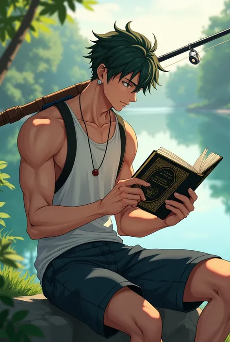 Anime male with good body sitting reading book while on his shoulder with fishing rod