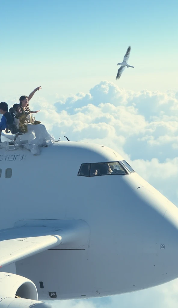 Prompt:
" A colossal Boeing 747 flying high above the clouds ,  with the camera positioned directly above the plane .  At the top outside of the plane , a woman and a  boy are sitting in an airplane armchair that is attached to the top of the plane,   both...