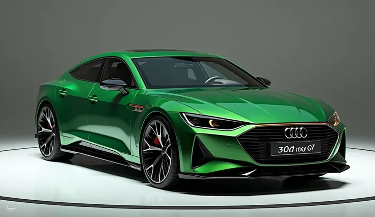 Create straight left view of a modern 2025 Audi e tron GT in  Tactical Green color in Lexury Bright showroom background captured from straight left view in sports look and overall 3d render and reflecting lights on car body and write Audi tron Gt on left  ...