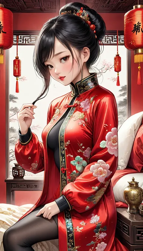  old Chinese royal bedroom  　Super shiny red long sleeve shiny clothes with lots of embroidery,China jacket 、China、erect nipples、padded coat、turtleneck jacket、jumps uit、sleeves past fingers、を着た黒髪の姫  、 embarrassed,、one breast out She blushed and embarrassed...