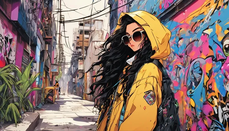  rebellious hip-hop woman ,  her dark hair is styled in a punk rock style ,  long hair　 compliment her brown eyes and light brown skin . image,  probably vivid paintings ,  accurately captures her bold and unique style . Every Little Detail ,  from her nov...