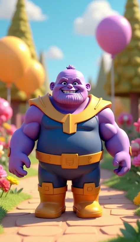 A cute and chubby version of Thanos as a , walking with a cheerful expression in a vibrant, lively location. The scene is in a 3D cartoon style, with Thanos facing forward and looking at the camera, exuding joy and playfulness. The background features brig...