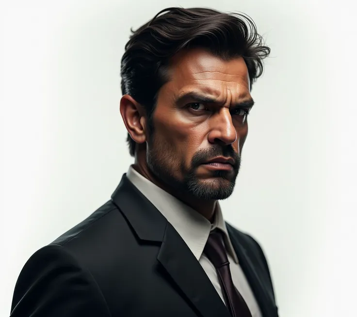 create a 2/3 view of very young & cruel indian business man with angry expression on his face , 2/3 view of that man , hyper realistic , white background , full body view , side view , realism , realistic 