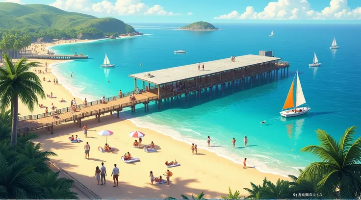  improve the image add roof to the pier ,  add people on the beach and boats in the sea, It is located on the beach 