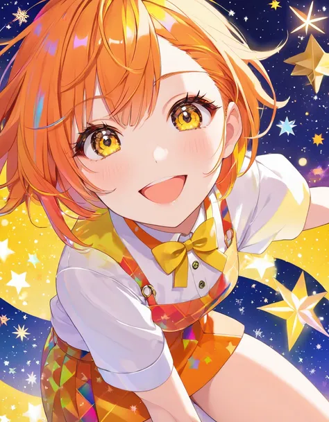  cool adult woman ,  short orange hair and neon yellow eyes、 face close-up 、Christmas date outfit 、colorful starry background 、  Smile 、 above thigh