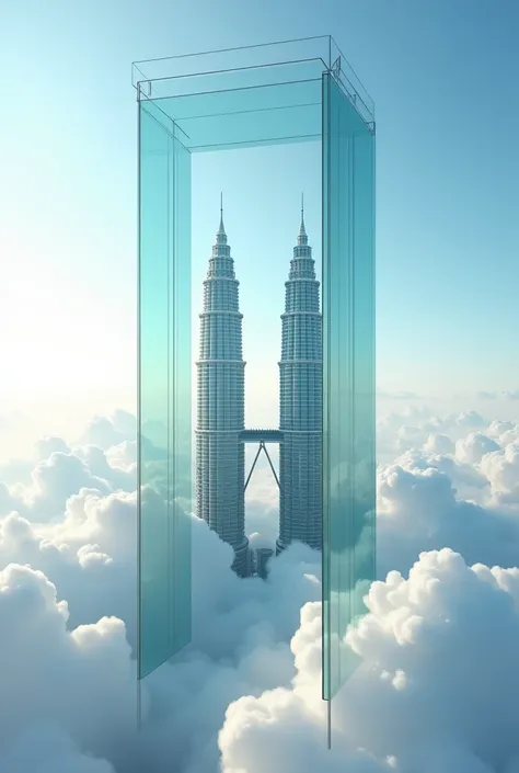 A Transparent glass elevator, Petronas twin towers in the middle of a fluffy cloud, with a panoramic sky view

, High Resolution, High Quality, Super Detailed, Best Quality, 