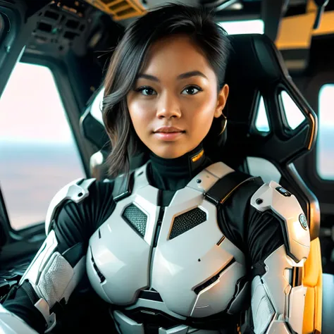 Highly detailed photo of a Asian woman, SF soldier, 30yo, (Mech warrior of women mercenary, Hyper huge saggy boobs, (body armor)), wide open chest, sitting like a queen, Stately and dignified, Very dissatisfied look, (headset, Powerful and beautiful eyes, ...