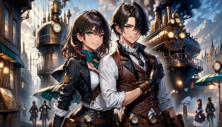  Steampunk  ,  dark-haired young gunman"Asuka" and the dark-haired beauty "Haruna"Buddy  , Soft Touch Art