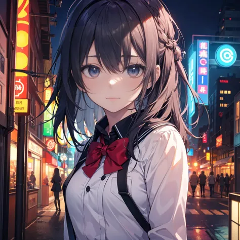 An anime-style scene set in a vibrant nighttime cityscape, viewed from above. Two high school girls are present, wearing cute and stylish school uniforms. One has long, flowing white hair, styled elegantly, while the other has sleek, long black hair. The g...