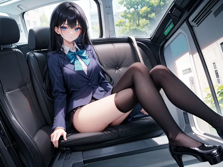 High school students ， already, Black Hair ， With warm blue eyes ， Wore a brand new blue suit and black heels ， Pure white collar and bright green bow 。 has long Black Hair and warm blue eyes ， Lean back in the car seat ， Pose Alluring , spread legs , lowe...