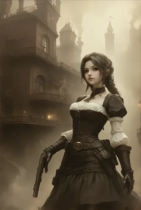 (:1.2), (steampunk style, Sepia nostalgic painting style:1.3)、(((masterpiece)))、((highest quality))、(super detailed)、(CG illustration)、(so beautiful ))、cinematic light、(((one young lady in steampunk style gear equiped dress, final fantasy VII Tifa))), (hea...