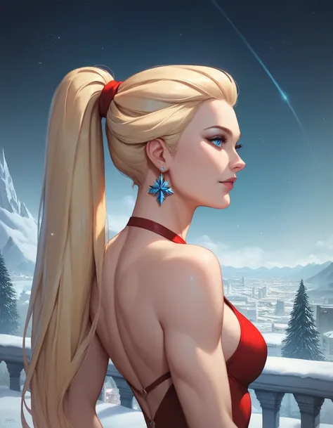 female black sleveless turteneck, bare shoulders, bare toned arms, beautiful faces, blonde ponytail with showing forehead, long ponytail, earrings, soft smooth skin, pale skin, snow city background, blue eyes, sci-fi, christmas, 