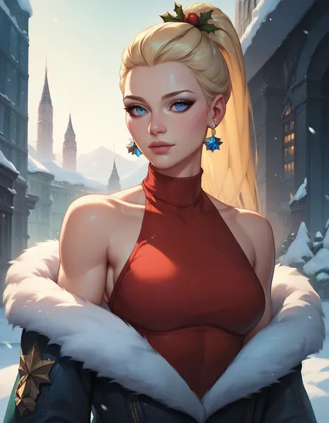 female black sleveless turteneck, bare shoulders, bare toned arms, beautiful faces, blonde ponytail with showing forehead, long ponytail, earrings, soft smooth skin, pale skin, snow city background, blue eyes, sci-fi, christmas, 