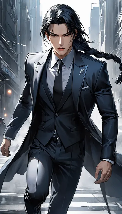 Neo-noir futuristic art style, full body view, semi-realistic anime-style of a man ((running)) forward, aged 28, with long, sleek black hair styled in a long single braid that falls down behind him. His front hair is parted in the middle, with some strands...