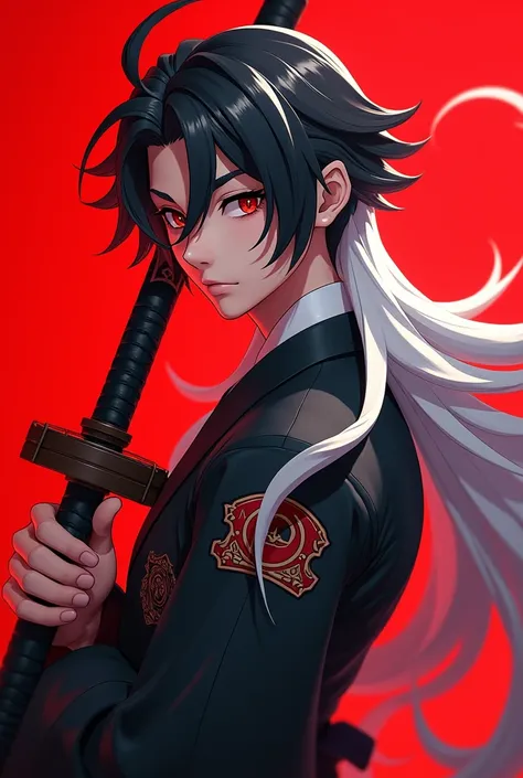 3d art anime pose from side handsome young man with long hair color half black half white wearing samurai shirt. Carrying a sword red background