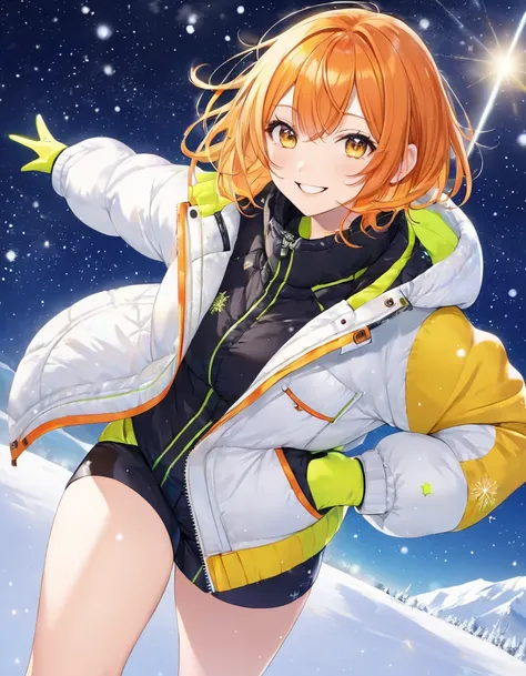  cool adult woman ,  short orange hair and neon yellow eyes、Date Attire、Snow and starry sky background 、  above thigh、 natural smile 