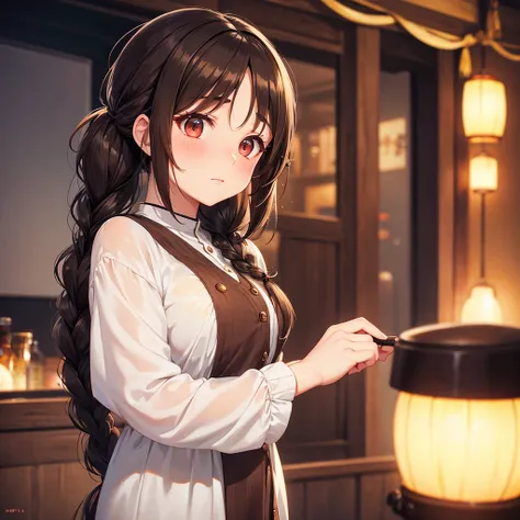 "A 20s woman with dark brown hair tied in a fishtail braid, her cheeks glowing red as she shyly shifts her gaze, her hands lightly brushing her sides, shown on a white canvas."

